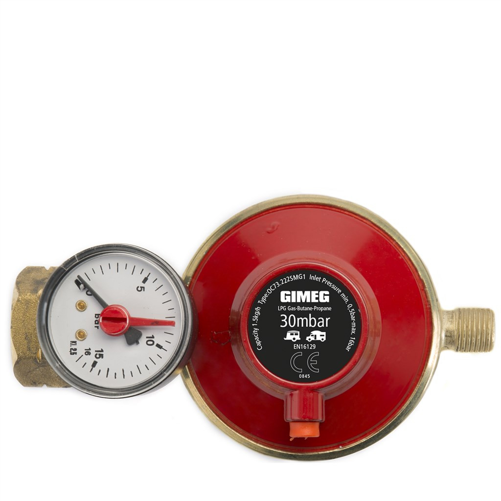 Regulátor tlaku Gimeg 30 Mbar Kombi se závitem 1/4" s barometrem Farba: červená
