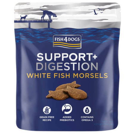 Maškrty pre psov Fish4Dogs Digestion White Fish Morsels 225g