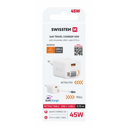 Adaptér Swissten SlideCharge Gan 45W, 1X USB-A 18W + kabel USB-C 0,75 m