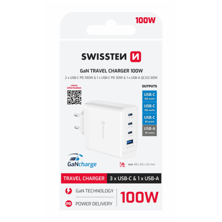 Adaptér Swissten GaN 2X USB-C 100W + 1X USB-C 20W + 1X USB-A 30W