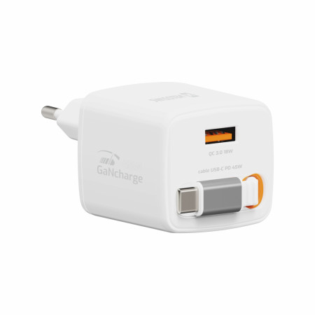 Adaptér Swissten SlideCharge Gan 45W, 1X USB-A 18W + kabel USB-C 0,75 m biela bílá