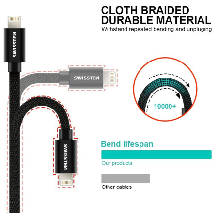 Nabíjací a dátový kábel Swissten Textile USB / Lightning 3 m