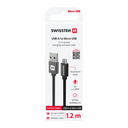 Nabíjací a dátový kábel Swissten Textile USB / USB-C 2 m čierna černá