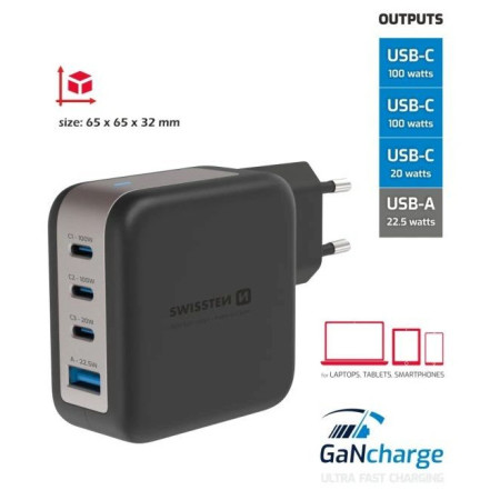 Adaptér Swissten GaN Travel Charger 100W 3X USB-C PD + USB-A