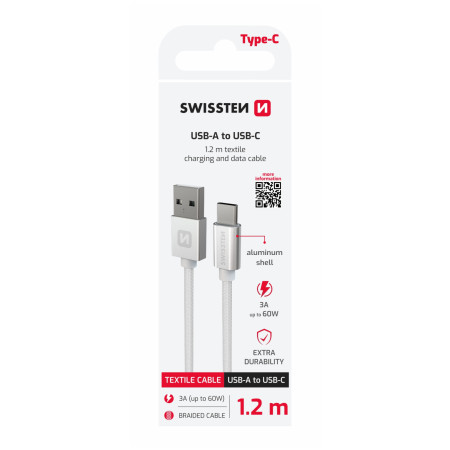 Nabíjací a dátový kábel Swissten Textile USB / USB-C 1,2 m strieborná stříbrná