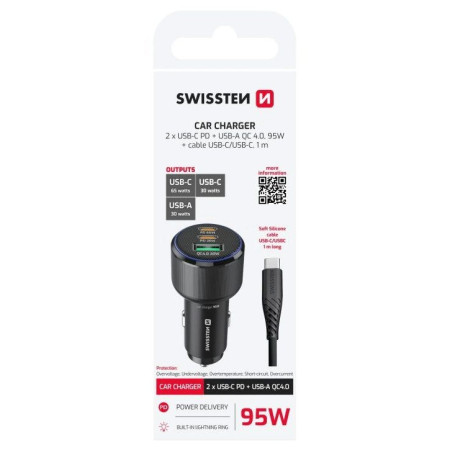 Adaptér Swissten Car Charger 2x USB-C PD + USB-A, 95 W + cabel USB-C / USB-C, 1 m