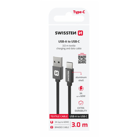 Nabíjací a dátový kábel Swissten Textile USB / USB-C 3 m čierna černá