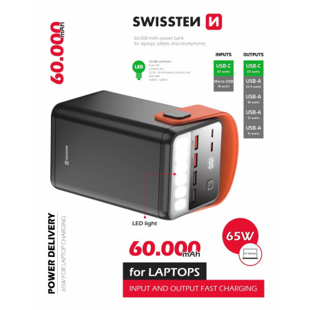 Powerbanka Swissten Power Line 60000 mAh 65W
