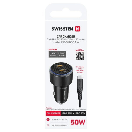 Adaptér Swissten Car Charger 2X USB-C PD, 50W + cabel USB-C / USB-C, 1 m