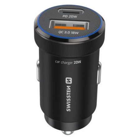Adaptér Swissten Mini Car Charger USB-C PD + USB-A, 20W + cabel USB-C / USB-C, 1 m