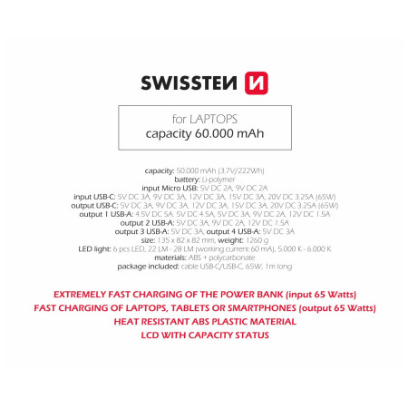 Powerbanka Swissten Power Line 60000 mAh 65W