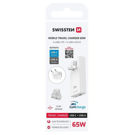 Adaptér Swissten World Travel Charger 65W GaN USB-C + USB-A
