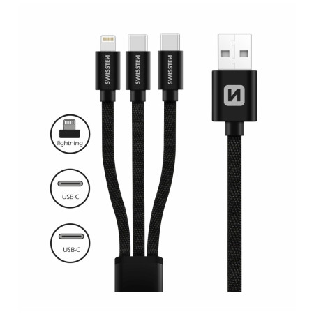 Nabíjací a dátový kábel Swissten DATA CABLE TEXTILE 3in1 1,2 M BLACK
