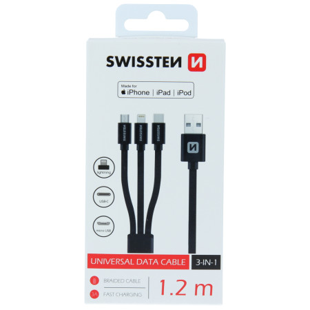 Nabíjací a dátový kábel Swissten TEXTILE 3in1