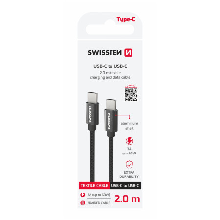 Nabíjací a dátový kábel Swissten Textile USB-C / USB-C 2 m čierna černá