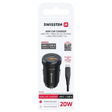Adaptér Swissten Mini Car Charger USB-C PD + USB-A, 20W + cabel USB-C / USB-C, 1 m