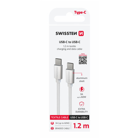 Nabíjací a dátový kábel Swissten Textile USB-C / USB-C 1,2 m strieborná stříbrná
