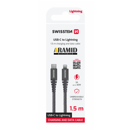 Nabíjací a dátový kábel Swissten Aramid Reinforced USB-C/Lightning 1,5 m