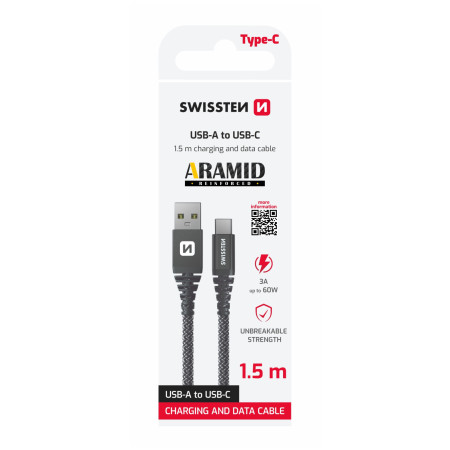 Nabíjací a dátový kábel Swissten Aramid Reinforced USB/USB-C 1,5 m