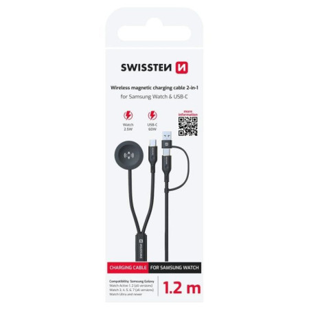 Nabíjací a dátový kábel Swissten Wireless magnetic charging cable 2in1 for Samsung Watch + USB-C 1,2 m