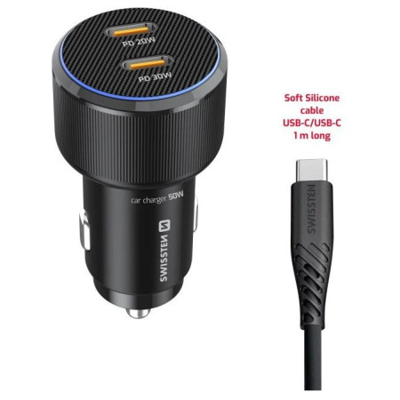 Adaptér Swissten Car Charger 2X USB-C PD, 50W + cabel USB-C / USB-C, 1 m