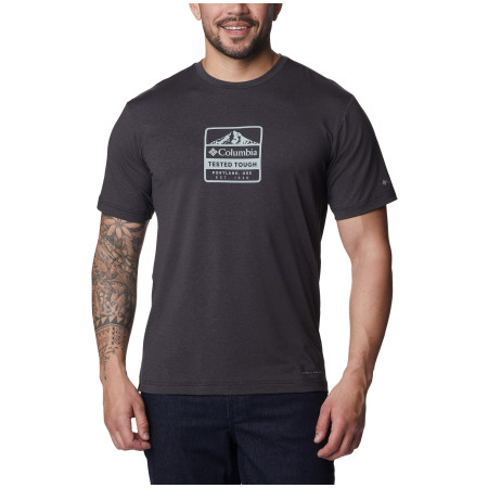 Pánske tričko Columbia Tech Trail™ Front Graphic SS Tee tmavě šedá Black Hthr, Tested Tough PDX Graphic
