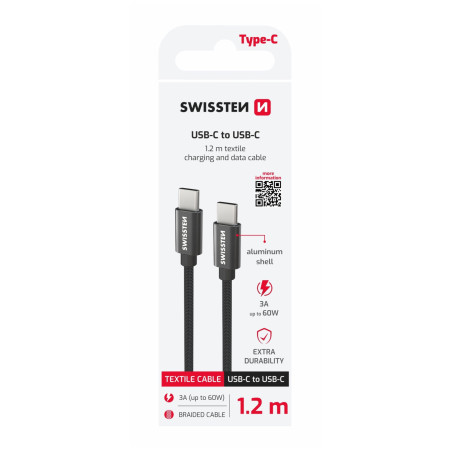 Nabíjací a dátový kábel Swissten Textile USB-C / USB-C 1,2 m čierna černá