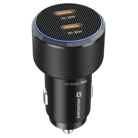 Adaptér Swissten Car Charger 2X USB-C PD, 50W + cabel USB-C / USB-C, 1 m
