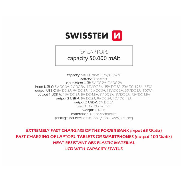 Powerbanka Swissten Power Line 50000 mAh 100W